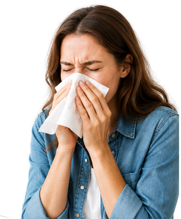 Woman sneezing into a tissue, representing common allergy symptoms